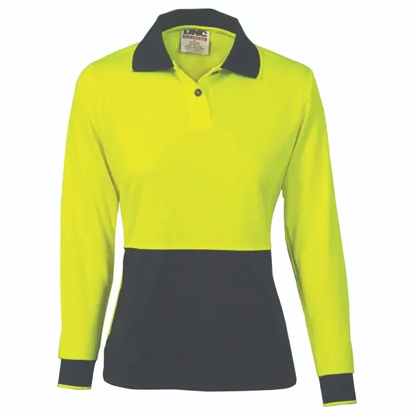 DNC WORKWEAR-389835716: Ladies HiVis Two Tone Polo Long Sleeve Yellow/Navy 16