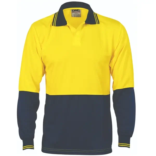DNC WORKWEAR-390435770: HiVis 2 Tone Food Ind Polo Long Sleeve Yellow/Navy 5XL