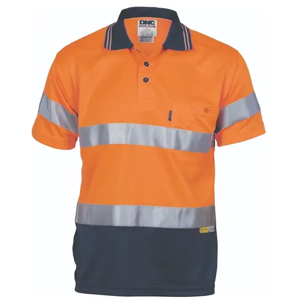 DNC WORKWEAR-391145272: HiVis Micromesh Polo Tape Short Sleeve Orange/Navy 7XL