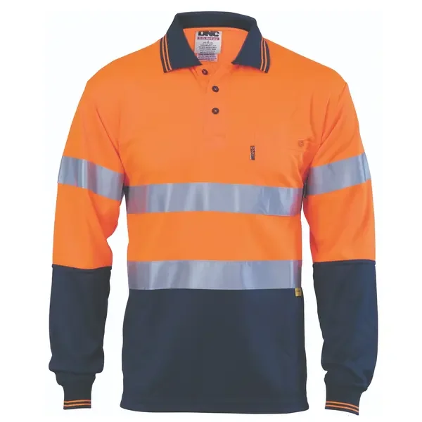 DNC WORKWEAR-391345272: HiVis Micromesh Polo Tape Long Sleeve Orange/Navy 7XL