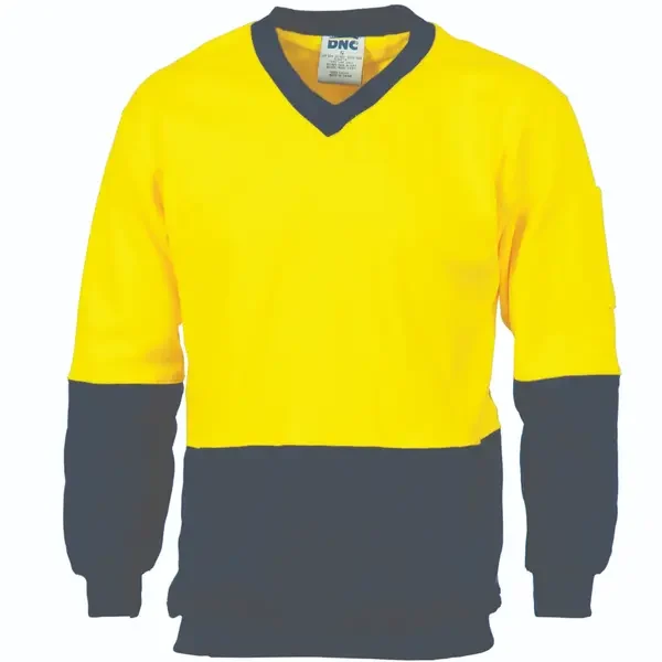 DNC WORKWEAR-392235772: HiV Ctn V-Neck Flcy Sweat shirt Yellow/Navy 7XL