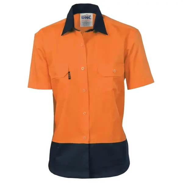 DNC WORKWEAR-393945224: Ladies Cttn two tone shirt Short Sleeve Orange/Navy 24