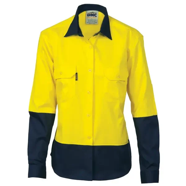 DNC WORKWEAR-394035724: Ladies Cttn two tone shirt Long Sleeve Yellow/Navy 24