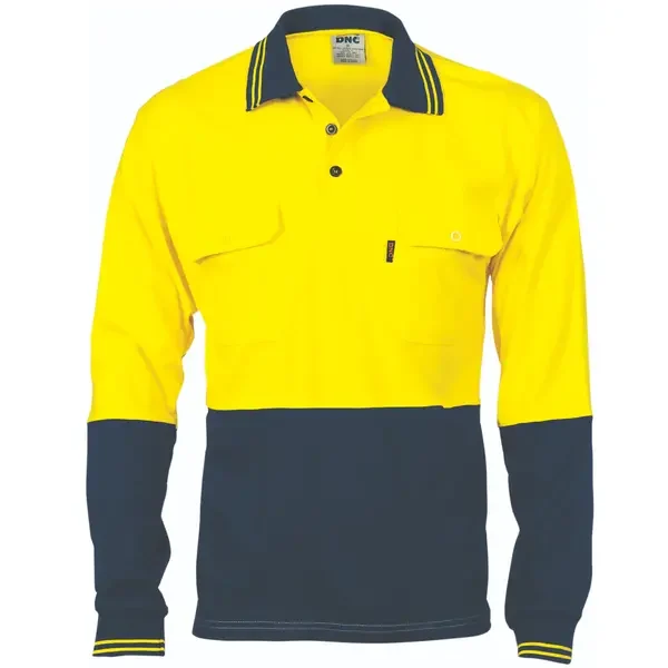 DNC WORKWEAR-394435771: Cttn Jesey Polo Twin Pockt Long Sleeve Yellow/Navy 6XL