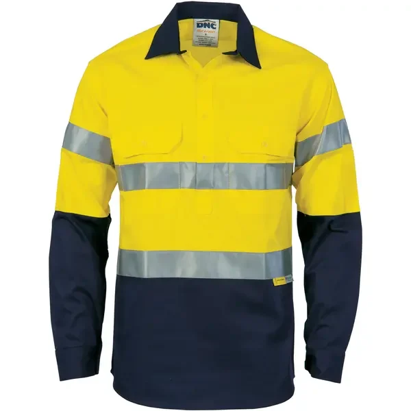 DNC WORKWEAR-394935770: Hivis Close Front Ctn Shirt 3M Yellow/Navy 5XL