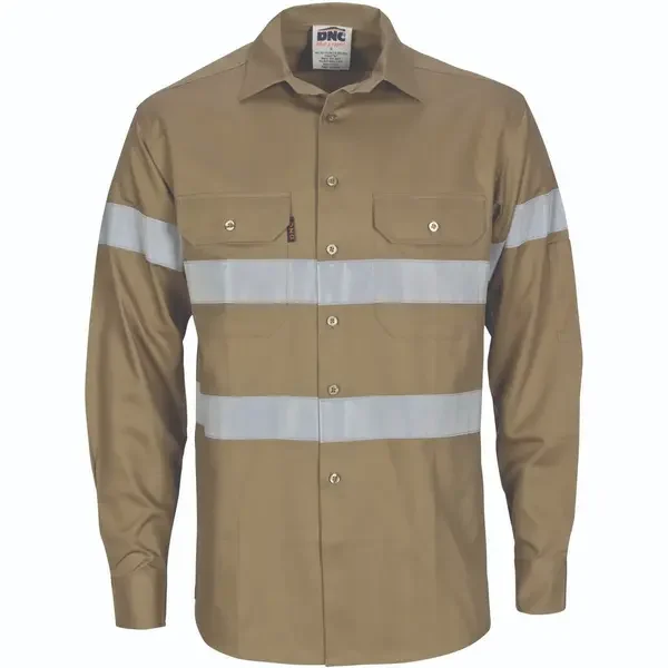 DNC WORKWEAR-396731171: Hivis Lightweight cott Shirt G-Tape Long Sleeve Khaki 6XL