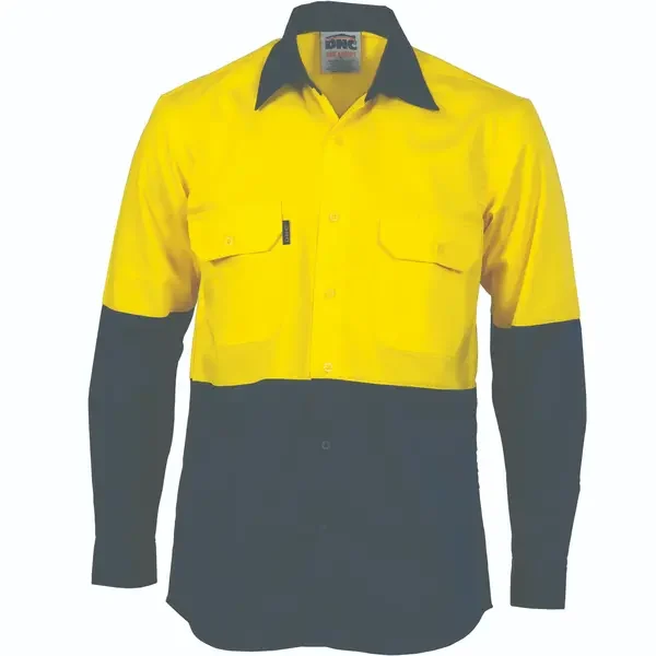 DNC WORKWEAR-398135770: Hivis 2Tn vent drill shirt Long Sleeve Yellow/Navy 5XL