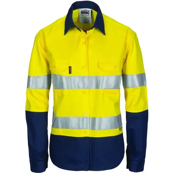 DNC WORKWEAR-398635724: Lady Ctn 2tone shirt Long Sleeve tape Yellow/Navy 24