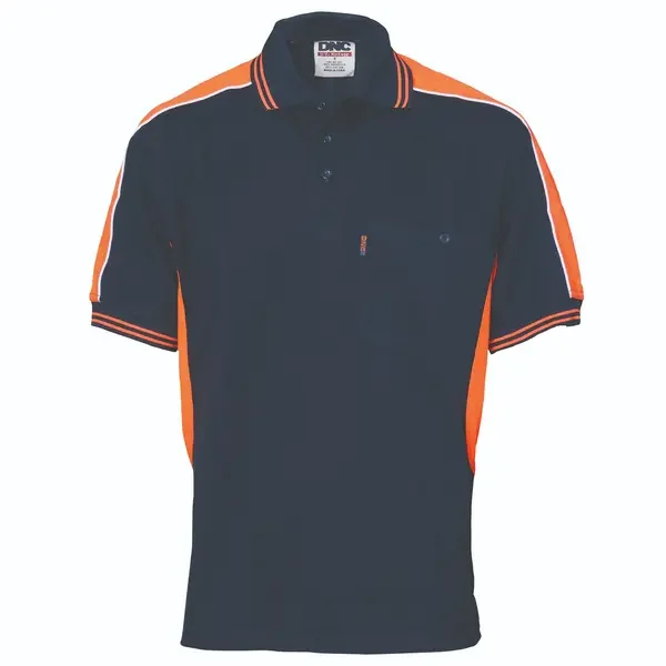 DNC WORKWEAR-521420570: Polyester Cotton Panel Polo Short Sleeve Navy/Orange 5XL