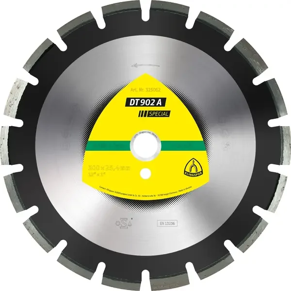 KLINGSPOR-325094: The laser-welded DT 902 A Special with widely spaced segments is ideal for swift cutting through asphalt. The aggressive high-performance disc delivers outstanding service life during taxing continuous use and flawless Klingspor brand quality.