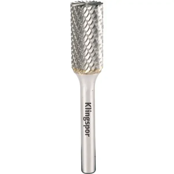 KLINGSPOR-310211: The HF 100 B with its cylindrical burr with end cut is deal for countersinking blind holes. The carbide burr offers outstanding stock removal and a long service life even when used for working on inner contours.