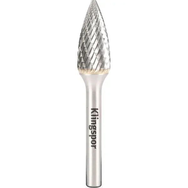 KLINGSPOR-310283: The HF 100 G with its pointed arch-shaped burr with flattened tip is ideal for edge bevelling. The carbide burr offers outstanding stock removal and a long service life even when used for deburring holes and working on tight angles.