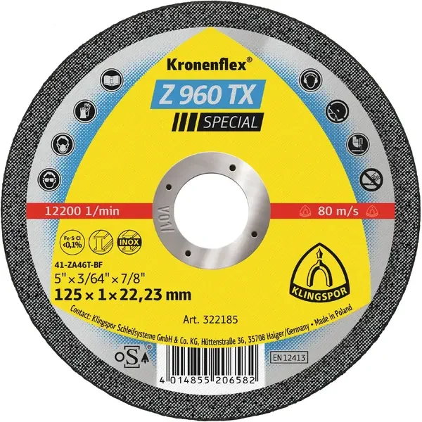 KLINGSPOR-322185 KLINGSPOR-322185: The Z 960 TX is the ideal cutting-off wheel for tough /hard materials such as titanium and high-alloy steels. The newly developed grit mixture with zirconia alumina ensures constant resharpening during use.
