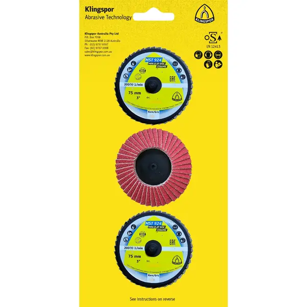 KLINGSPOR-671315: Small abrasive mop disc with aggressive stock removal due to self-sharpening ceramic grain for coarse grinding tasks on higher alloy steels and stainless steel materials. Can also be used on a speed-controlled angle grinder together with the adapter QCA 555.
