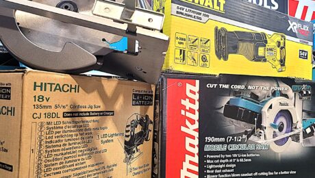 powered saws including circular saw and mitre saw on job site